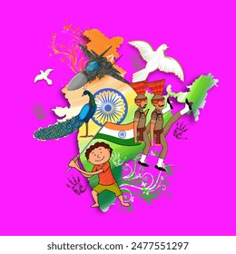 Happy Independence Day Concept with National Flag India Map Showing Indian Strength, National Bird Peacock, Peace Sign Pigeon and Cute Boy Waving Flag on Purple Background.