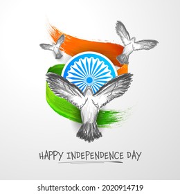 Happy Independence Day Concept With Scribble Art Doves, Ashoka Wheel, Saffron And Green Brush Effect On White Background.