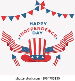 Happy Independence Day Concept With Uncle Sam Hat, American Flag Ribbon And Firework Rockets On White Background.