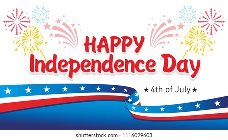 Happy Independence Day - congratulation in colors of the US flag against the background of fireworks