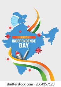 happy independence day. Coronavirus concept poster. India will fight against Covid-19 social media post. Vector Illustration Indian, flag and map