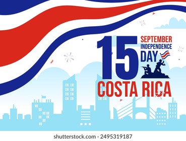 Happy Independence Day of Costa Rica Vector Illustration for September 15 featuring a Waving Flag and Confetti on a Flat Style Cartoon Background