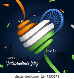 dia da independência feliz criativo social media post design com fitas tricolores coração e ashoka chakra no fundo azul