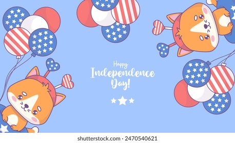 Happy Independence Day. Cute patriotic cartoon cats in accessories party headdress with balloons in colors American flag on blue background. Holiday horizontal poster. Vector illustration. 4th of July