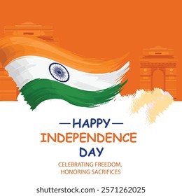 A Happy Independence Day design featuring the Indian flag waving with a vibrant orange background, symbolizing patriotism, freedom, and national pride