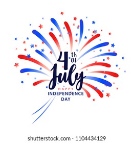 Happy Independence day design with fireworks. 4 of July USA greeting card. Vector card design. Greeting badge, emblem, card, poster, design element. 