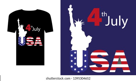 Happy Independence Day design. T Shirt with American flag and Statue of Liberty on blue background.