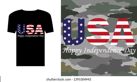 Happy Independence Day design. T Shirt with American flag on camouflage background.