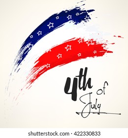 happy independence day design for usa with flag colors brush strokes and text written on it.