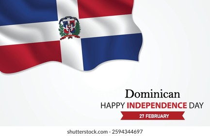 Happy Independence Day Dominican Republic. February 27th. Celebrating the Dominican Republic Freedom, National Pride, and Heritage. Waving Dominican flag and lettering text design. 