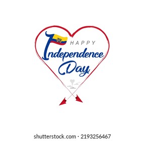 happy independence day of Ecuador. Airplane draws cloud from heart. National flag vector illustration on white background.