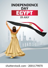 happy independence day Egypt 23rd of July, girl holding with Egyptian  flag. vector illustration. greeting card design