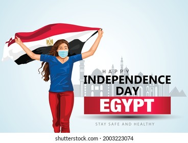 happy independence day Egypt 23rd July, girl running with Egyptian flag. vector illustration. greeting card design. covid 19, corona virus concept.