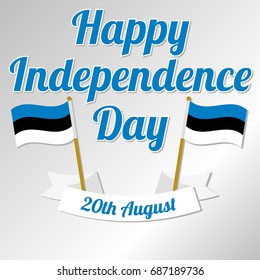 Happy Independence Day in Estonia. Vector illustration with ribbon, inscription and flags of Estonia on a light gray background. Template for greeting poster, card.