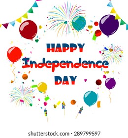 Happy Independence Day. Fanfare and greeting confetti, rockets and balloons and ribbons. Vector illustration