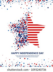 Happy Independence Day festive greeting card with scatter circles and stripes in star shape. Design concept poster in traditional American colors - red, white, blue. All isolated and layered