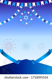 Happy Independence Day, festive greeting poster, Jewish Holiday, Jerusalem banner with Israeli blue star, fireworks banner background