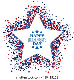 Happy Independence Day festive greeting card with scatter circles in star shape. Design concept poster in traditional American colors - red, white, blue. Isolated.