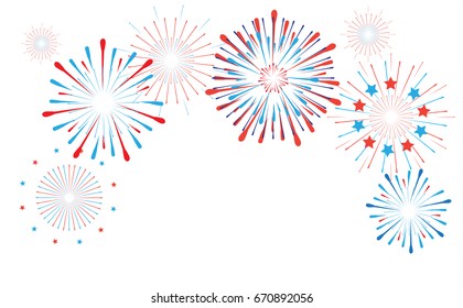 Happy Independence day Fireworks, confetti festive background with free place for text. Fireworks blue and red color of American flag. Vector for Festival poster banner brochure, greeting card design