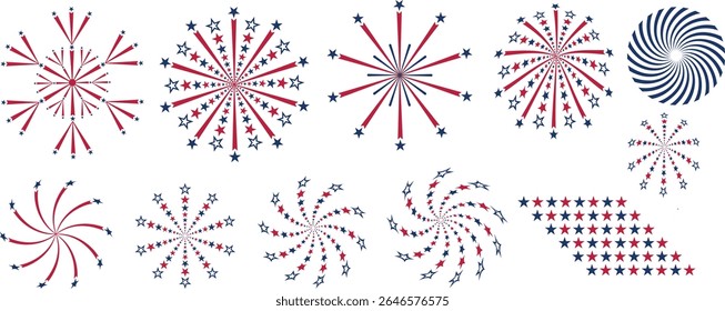 Happy Independence Day fireworks design. 4th July national holiday. design element. Festive greeting card, invitation. Hand drawn fireworks in USA flag colors. Blue vector illustration