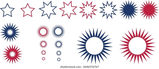 Happy Independence Day fireworks design. 4th July national holiday. design element. Festive greeting card, invitation. Hand drawn fireworks in USA flag colors. Blue vector illustration