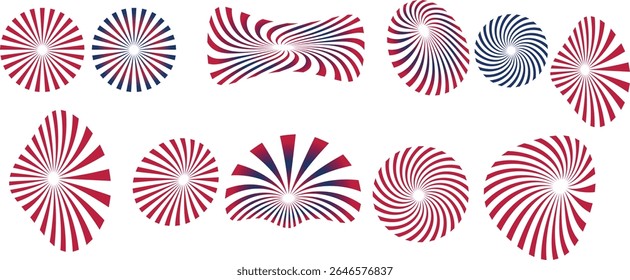 Happy Independence Day fireworks design. 4th July national holiday. design element. Festive greeting card, invitation. Hand drawn fireworks in USA flag colors. Blue vector illustration