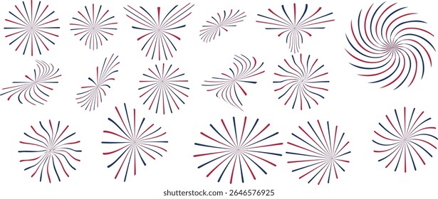 Happy Independence Day fireworks design. 4th July national holiday. design element. Festive greeting card, invitation. Hand drawn fireworks in USA flag colors. Blue vector illustration