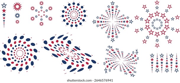 Happy Independence Day fireworks design. 4th July national holiday. design element. Festive greeting card, invitation. Hand drawn fireworks in USA flag colors. Blue vector illustration