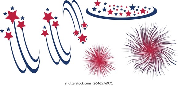 Happy Independence Day fireworks design. 4th July national holiday. design element. Festive greeting card, invitation. Hand drawn fireworks in USA flag colors. Blue vector illustration