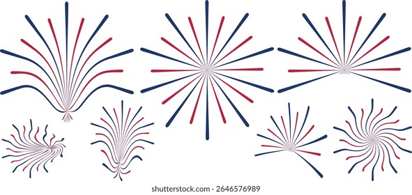 Happy Independence Day fireworks design. 4th July national holiday. design element. Festive greeting card, invitation. Hand drawn fireworks in USA flag colors. Blue vector illustration