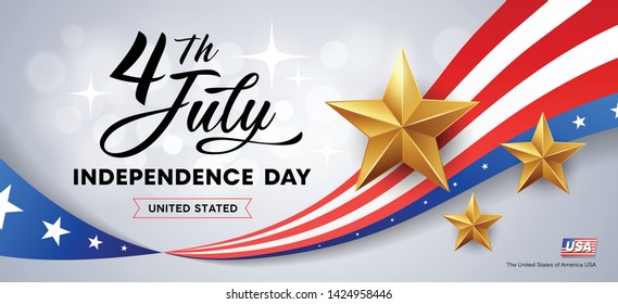 Happy independence day flag of america, and golds stars banners design background, illustration