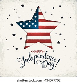 Happy Independence Day. Flag of USA on star shape with text on retro background. USA Independence Day banner in vintage style.