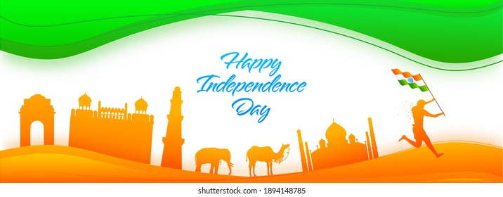Happy Independence Day Font with Silhouette Famous Monuments, Animals and Running Man holding Indian Flag on Glossy Tricolor Waves Background.
