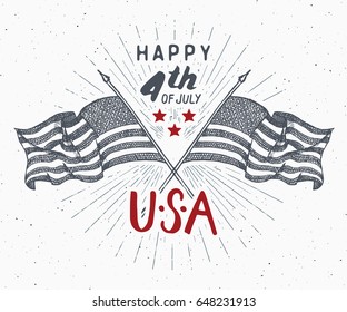 Happy Independence Day, fourth of july, Vintage greeting card with USA flags, United States of America celebration. Hand lettering, american holiday grunge textured retro design vector illustration