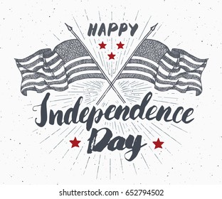 Happy Independence Day, fourth of july, Vintage greeting card with USA flags, United States of America celebration. Hand lettering, american holiday grunge textured retro design vector illustration