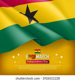 Happy Independence Day of Ghana banner template. 6th march greeting card, poster, invitation, festive background in national waving flag colors and celebration text realistic vector illustration