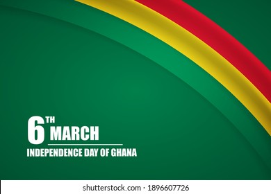 Fröhlicher Unabhängigkeitstag des Landes Ghana mit dreifarbiger Kurvenflagge und typografischem Hintergrund