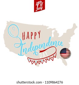 Happy Independence Day. Greeting card design with party elements. Balloon, flag, confetti,ribbon .