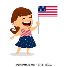 Happy Independence Day greeting card. Patriotic smiling girl holding USA flag. July 4th vector illustration.