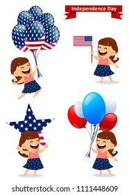 Happy Independence Day greeting card. Set of four poses with patriotic smiling girl. July 4th vector illustration. 