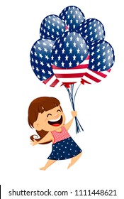 Happy Independence Day greeting card. Patriotic smiling girl holding air balloons in national USA colors like a flag. July 4th vector illustration. 