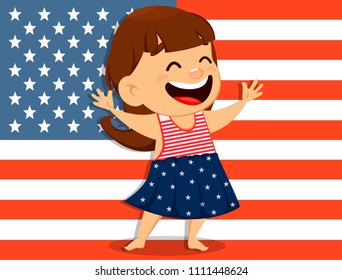 Happy Independence Day greeting card. Smiling girl standing in front of USA flag. July 4th vector illustration. 