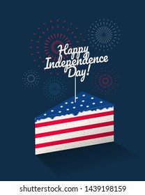 Happy Independence Day greeting card or banner design with piece of cake in american flag colors with fireworks on dark blue background. - Vector