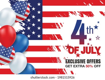 Happy Independence Day greeting card, United States national flag colors and hand lettering text Happy 4th of July. Vector illustration. 
