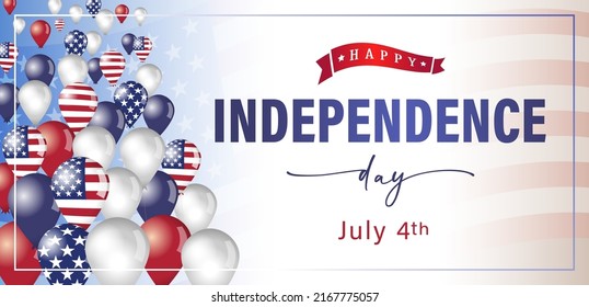 Happy Independence Day greeting card concept with flying in the sky 3D style balloons. Isolated abstract graphic design template. Red, blue, white colors. USA flag background. Creative congratulations