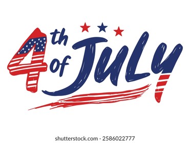 Happy Independence Day greeting card with brush stroke background in United States national flag colors and hand lettering text Happy 4th of July. Vector illustration.