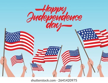 Happy Independence Day greeting card with American flag held in hands, patriotic background design for 4th July celebration and USA national holiday projects