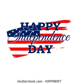 Happy Independence Day greeting card with American flag. 4th July festive concept design in traditional American colors - red, white, blue. Isolated.