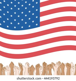 Happy Independence Day greeting card. 4th of July vector design element. Independence Day background. Multinational crowd of people and waving US flag