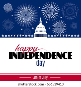 Happy Independence day greeting card. Patriotic American background with White house and Capitol building Washington DC symbol with fireworks. Vector illustration.